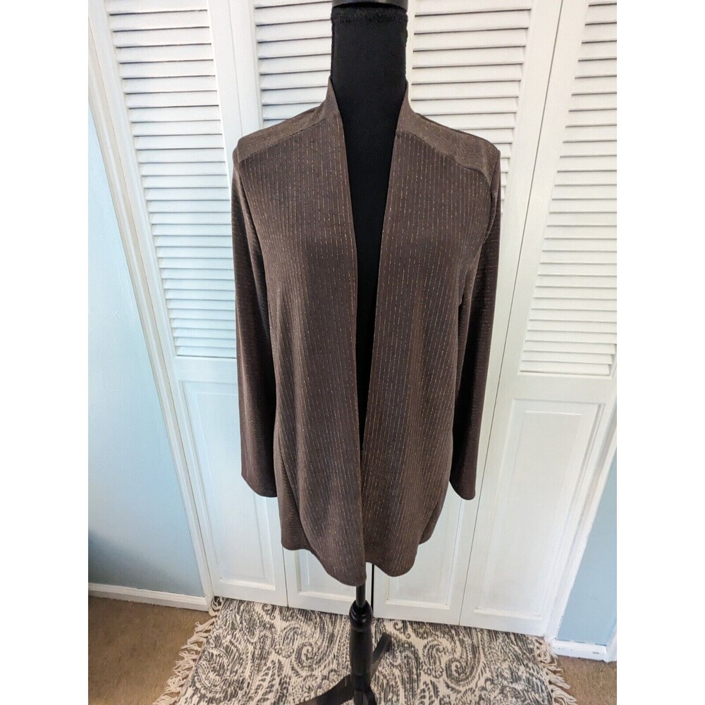 Chicos Travelers Cardigan Women's M/1 Shimmer Brown Open Front Metallic Slinky